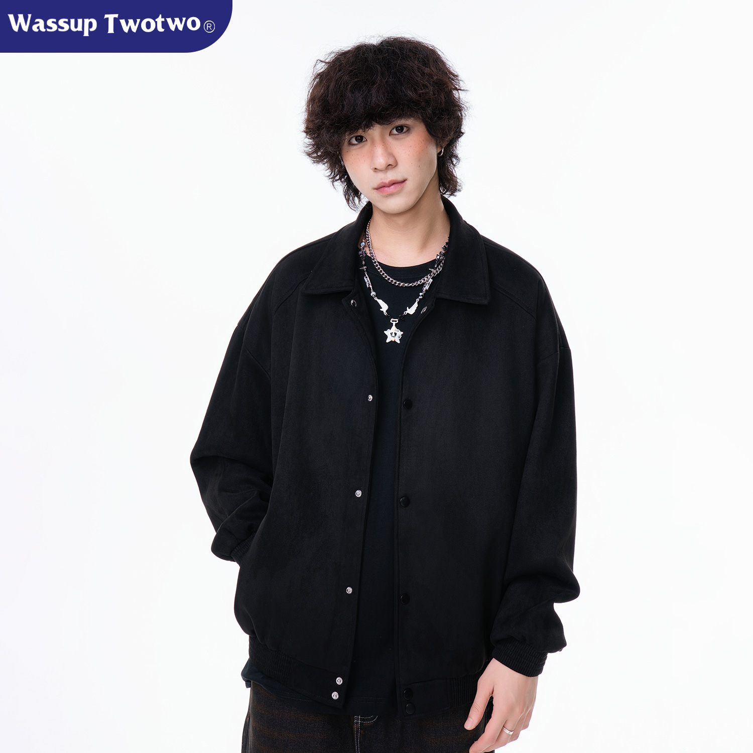 WASSUP TWO TWO美式复古翻领外套男春秋季潮牌棒球服情侣夹克男款