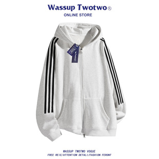 宽松帽衫 WASSUP 新款 TWO撞色条纹重磅连帽卫衣男秋季 潮牌外套 TWO