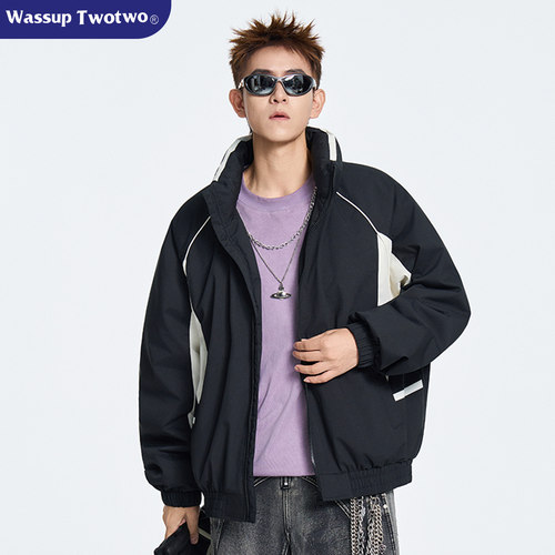 WASSUP TWO TWO秋冬复古百搭拼接运动风鸭绒羽绒服男宽松休闲外套