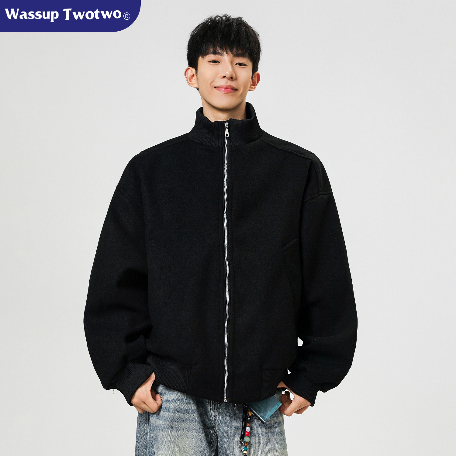 WASSUP TWO TWO秋季新款美式潮牌立领解构立体宽松休闲呢子外套男