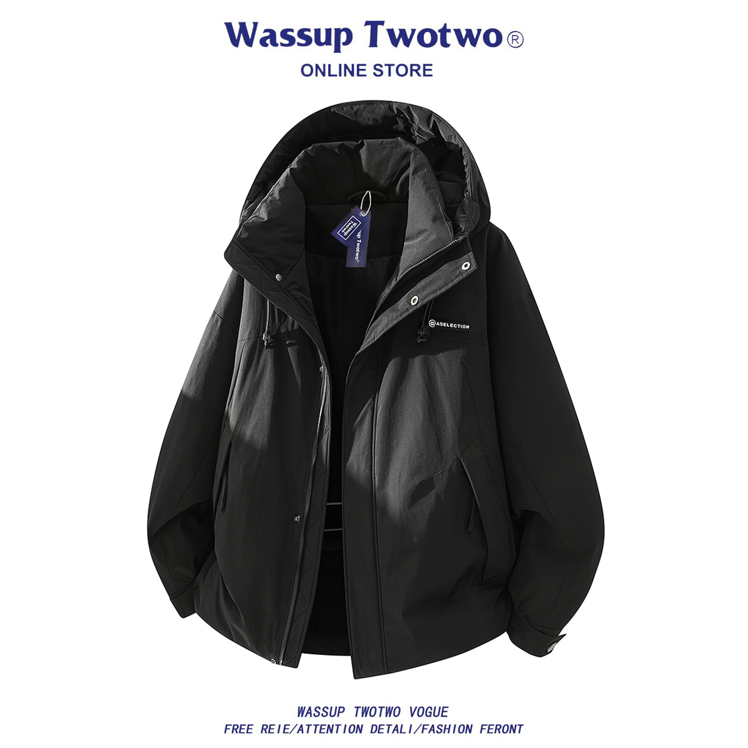 WASSUP TWO TWO美式潮流石墨烯羽绒服男款冬季时尚保暖连帽羽绒衣