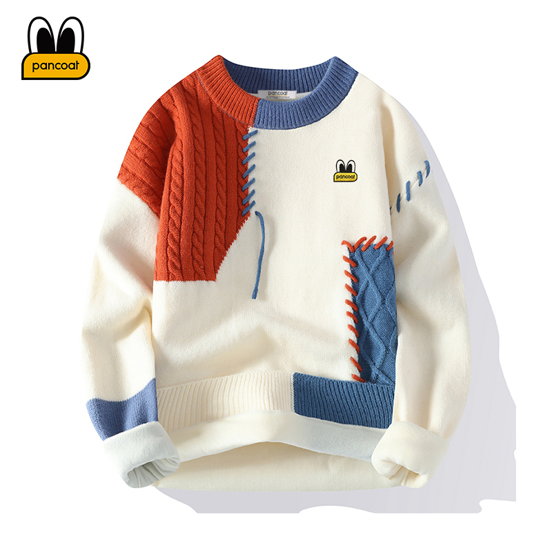 PANCOAT日系撞色拼接毛衣冬季加绒加厚保暖毛衣日常休闲宽松上衣