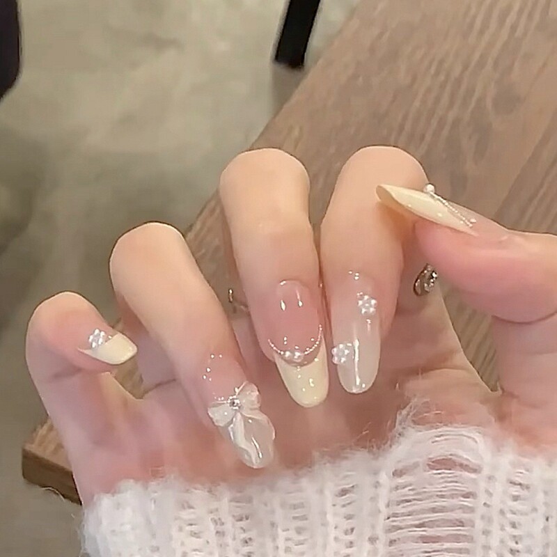 冰糯蝴蝶结法式穿戴甲可爱百搭元气少女假指甲贴片手工定制光疗甲