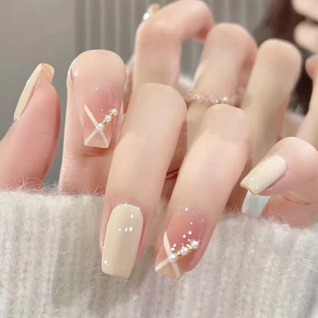 小仙女纯欲风奶白中长款穿戴甲珍珠简约线条美甲贴片手工定制ins