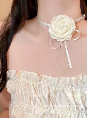 超仙山茶花拼接珍珠项链女高级感小众choker锁骨链脖颈链配饰