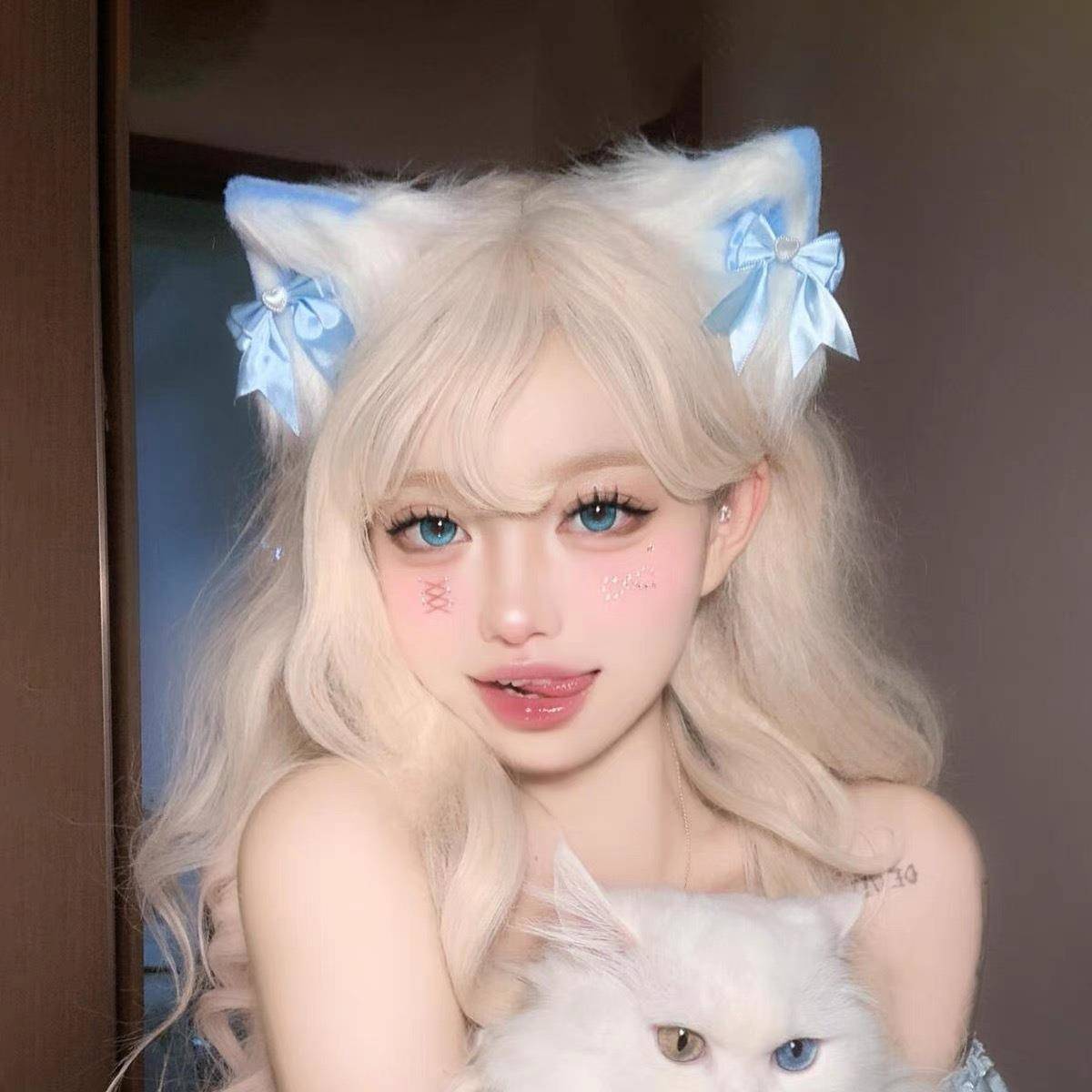 蓝色猫耳朵头饰女甜美Lolita漫展女仆发夹cos毛绒猫娘兽耳发饰卡