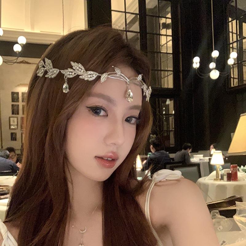 超仙水钻流苏额饰小精灵树叶水滴头箍甜美高级感公主头饰新娘皇冠