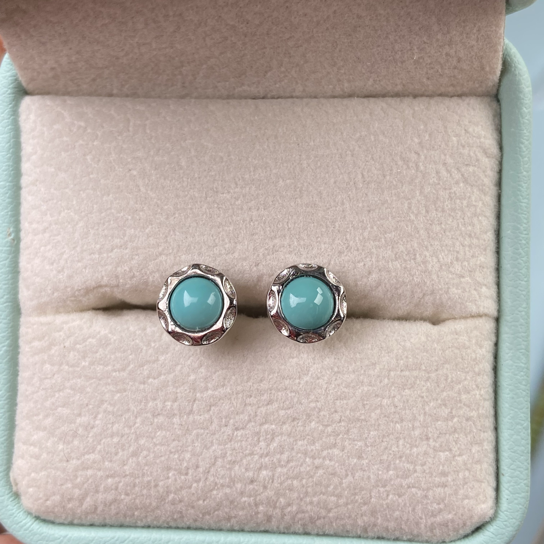 天然原矿绿松石925银镶嵌耳钉7.6mm