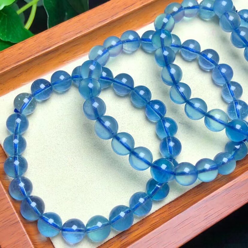 天然海蓝宝手链女蓝色水晶手串深蓝冰透 有棉絮