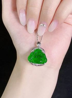 天然A货翡翠玉吊坠老坑高冰种帝王绿佛公吊坠玉坠钻石挂件