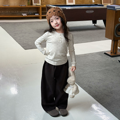 依依妈女童春秋装女童软糯羊绒棉坑条打底衫儿童波点长袖T恤上衣