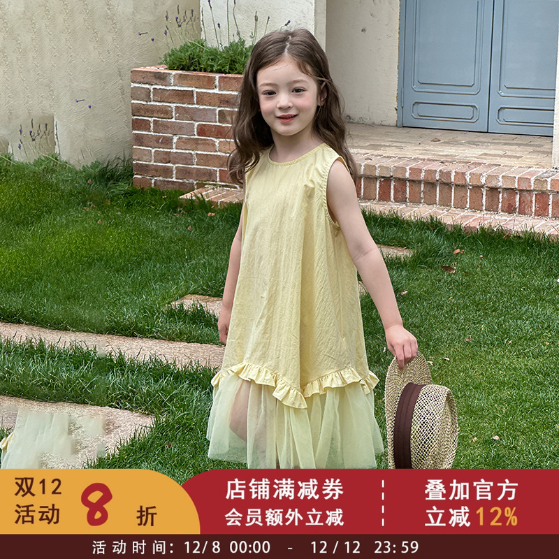 依依妈女童黄色网纱拼接背心裙儿童宝宝度假风仙气公主无袖连衣裙