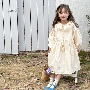 清仓 中大童春季裙子女童韩版洋气花边网纱裙儿童娃娃领长袖公主