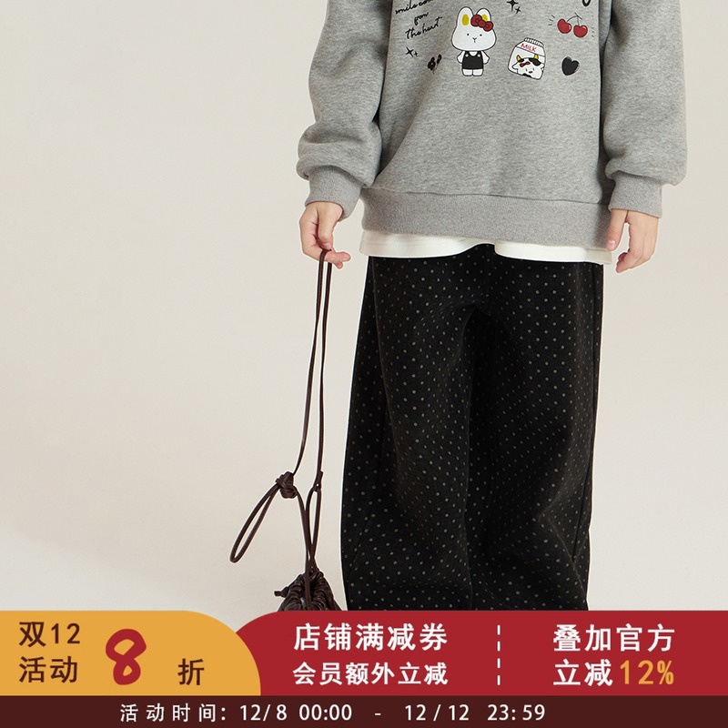 依依妈女童冬装韩版波点加绒直筒裤2025中大儿童百搭休闲加厚裤子
