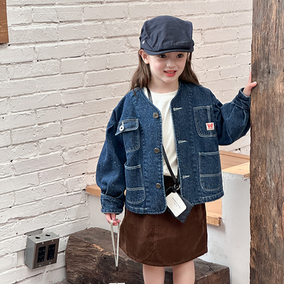 重工款~儿童亮晶晶水洗牛仔外套春秋女童宝宝韩版口袋工装风上衣