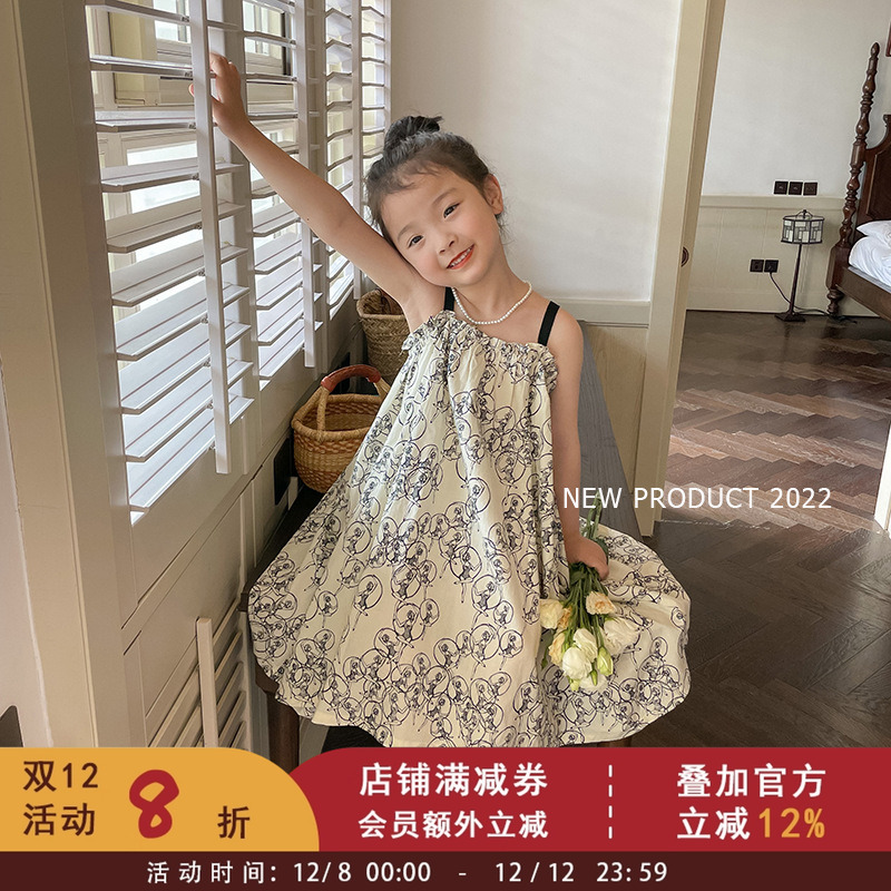 依依妈女童韩版无袖印花吊带裙