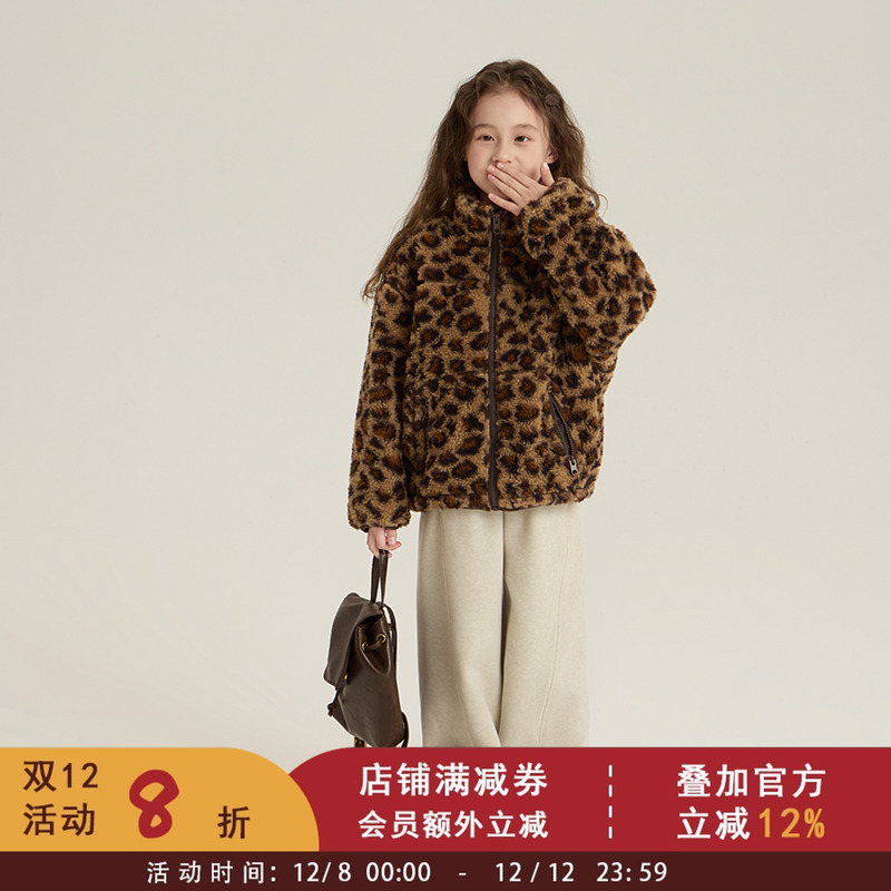 依依妈2025冬季儿童韩版加厚保暖立领棉服女童复古豹纹毛绒外套潮