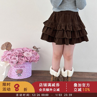 2025秋季 女童洋气垂感花边蛋糕裙中大儿童质感棉坑条百褶半身短裙