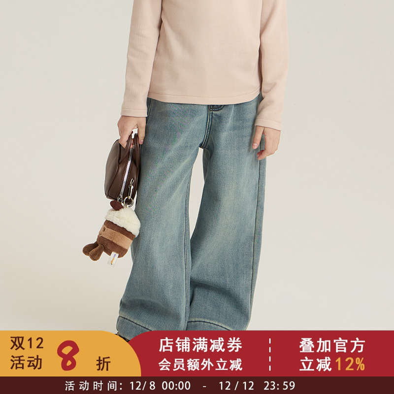 依依妈女童冬装百搭复古港风直筒牛仔裤儿童加厚加绒保暖阔腿长裤