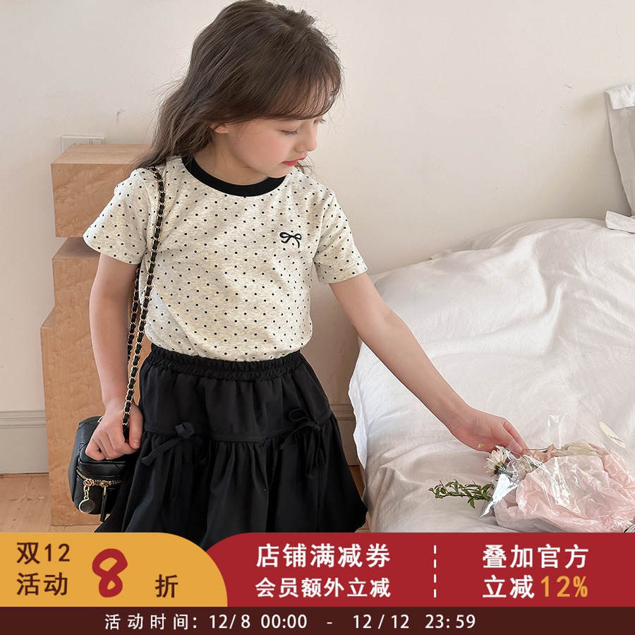 女童甜美波点蝴蝶结短袖打底衫2025夏季儿童洋气撞色圆点T恤上衣