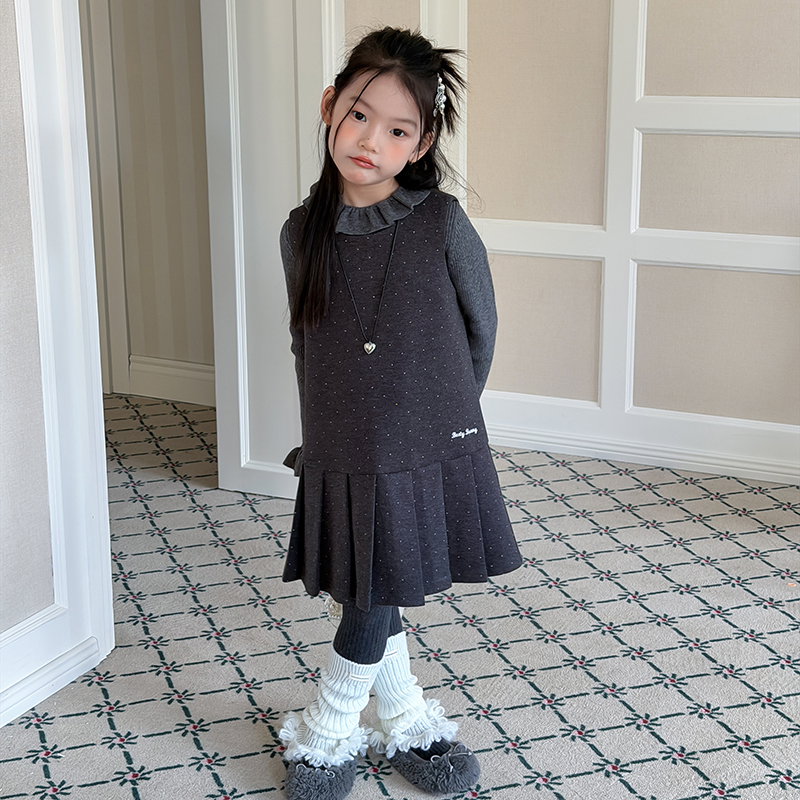 依依妈女童冬季时髦波点背心裙中大儿童韩版洋气拼接连衣裙百褶裙