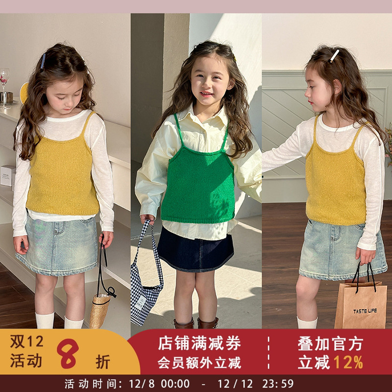 2025春秋装新款儿童宝宝毛衣女童洋气纯色百搭韩版针织吊带小背心