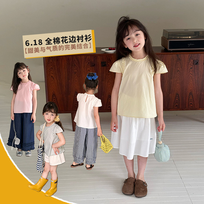 女童韩系甜美淑女花边立领泡泡短袖衬衣儿童夏季全棉气质纯色上衣