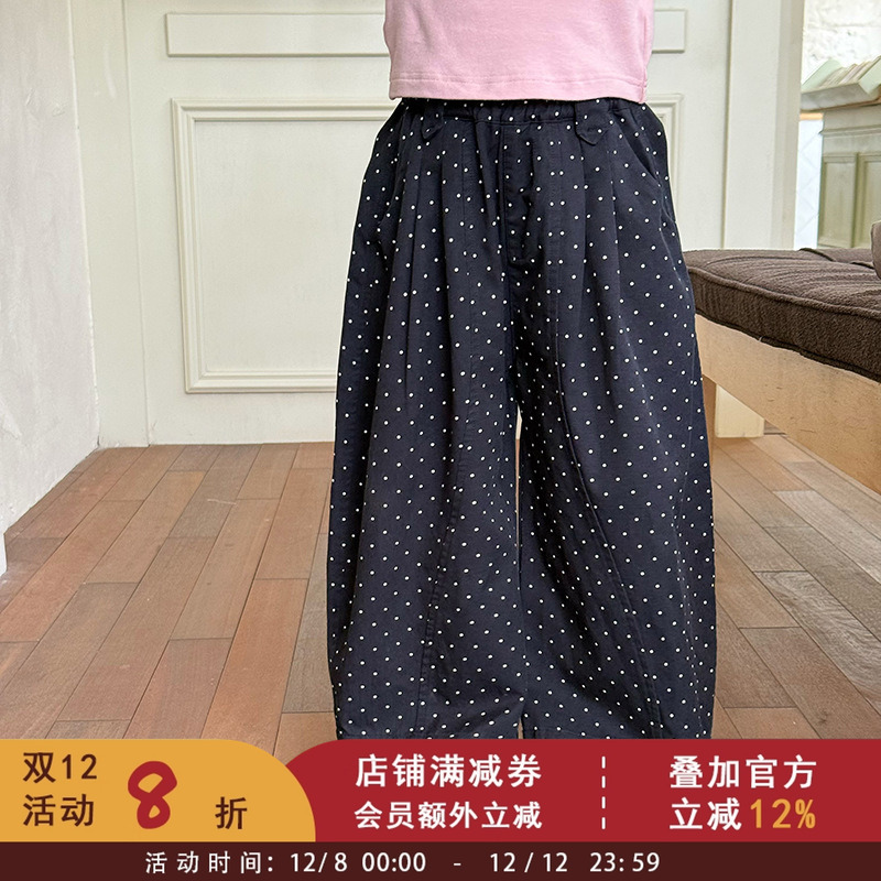 女童韩版甜美满印波点裤子2025秋季儿童压褶休闲裤宽松百搭阔腿裤