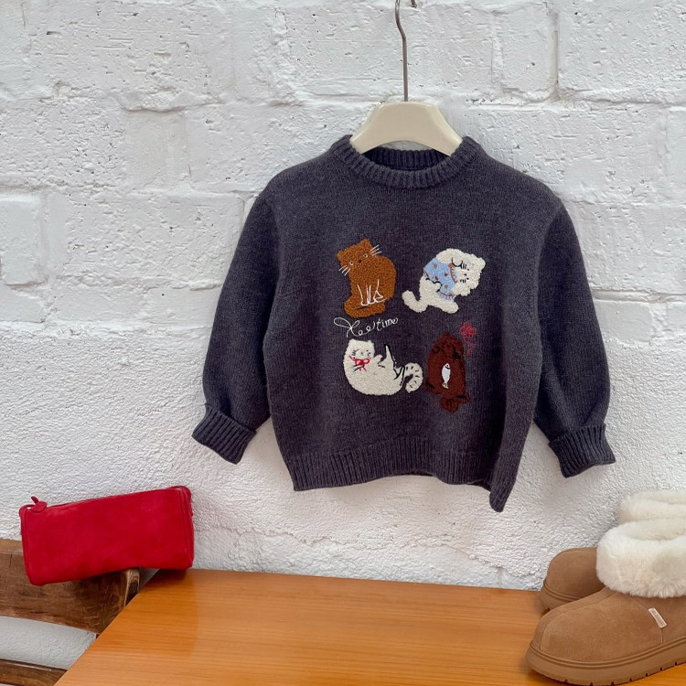 依依妈女童冬装可爱毛巾绣毛衣儿童加厚保暖百搭休闲针织套头上衣