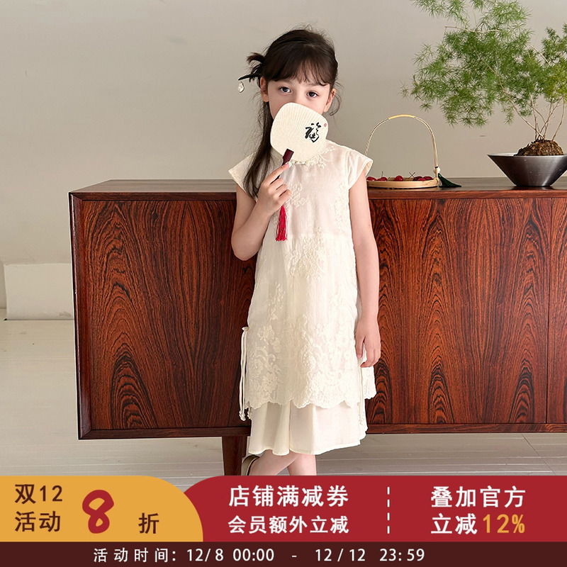女童时髦假两件中式国风天丝绣花旗袍连衣裙子儿童凉感仙气汉服裙
