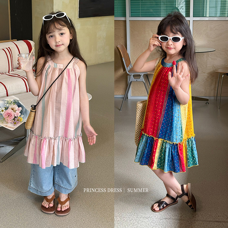 依依妈儿童彩虹裙子宝宝鱼尾花边公主裙女童休闲度假风挂脖连衣裙