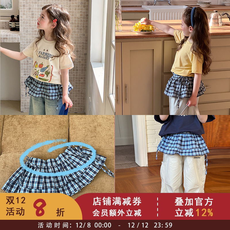 依依妈女童宝宝叠穿单品~格子屁帘洋气P帘半身裙复古蓝格子屁帘子