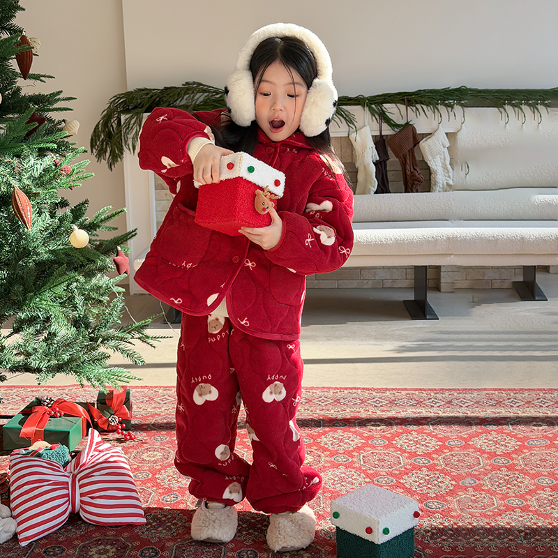 双12【当天6折】女童冬季夹棉加厚保暖家居服套装翻领棉袄棉裤