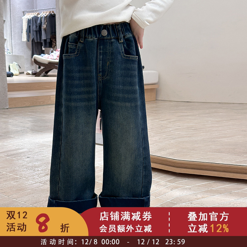 依依妈女童冬装韩版加厚保暖一体植绒复古拼接牛仔裤儿童直筒裤潮