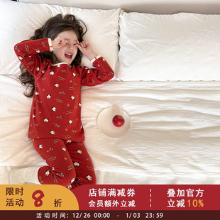 保暖宝宝睡衣儿童纯棉秋衣秋裤 儿童新年款 红色发财小狗家居服冬季