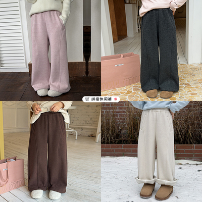 依依妈冬季女童一体绒拼接休闲毛呢裤中大儿童加绒加厚保暖直筒裤