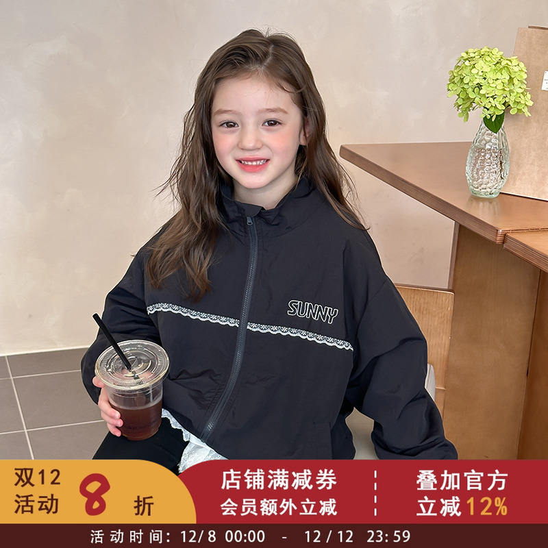 依依妈女童秋装甜美蕾丝边拼接宽松外套儿童宝宝韩版宽松洋气上衣