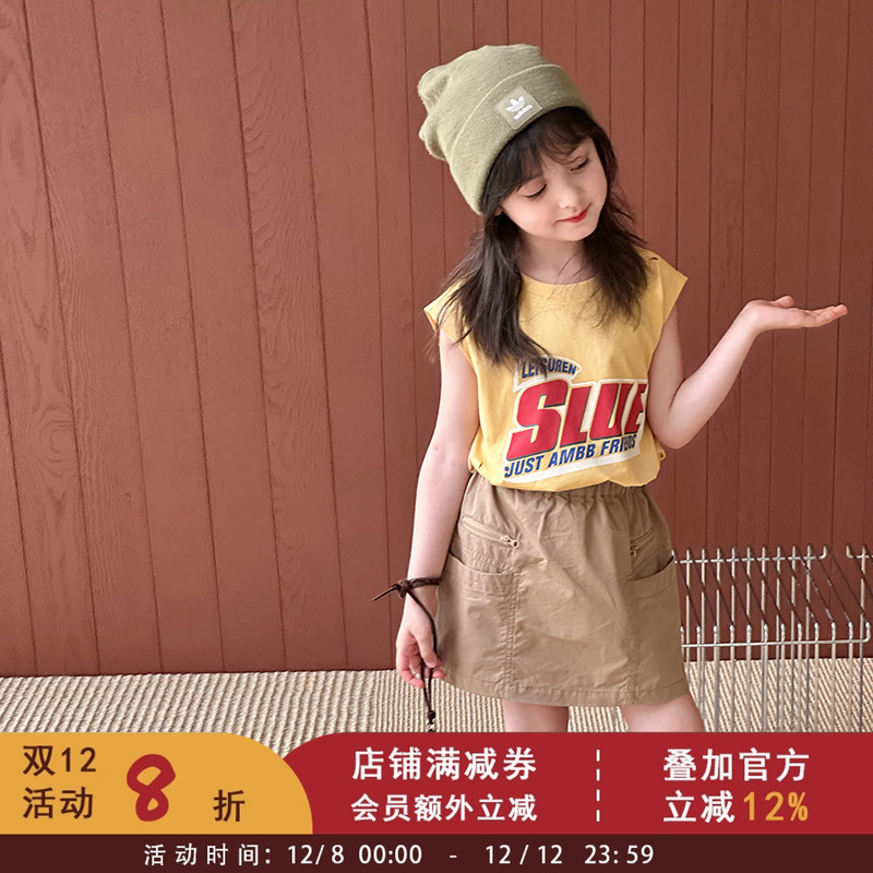 依依妈女童个性破洞时髦感T恤上衣2025夏季儿童美式字母撞色背心