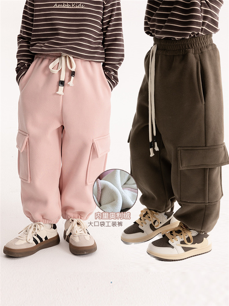 依依妈女童冬款加绒束脚工装裤