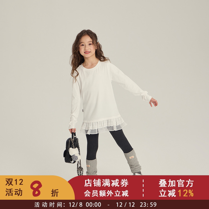 儿童洋气拼接花边下摆内搭上衣打底衫女童韩版纯棉白色长袖T恤秋