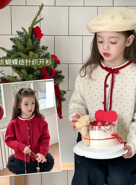 新年款~女童撞色甜美波点蝴蝶结针织开衫外套儿童宝宝绵羊绒毛衣