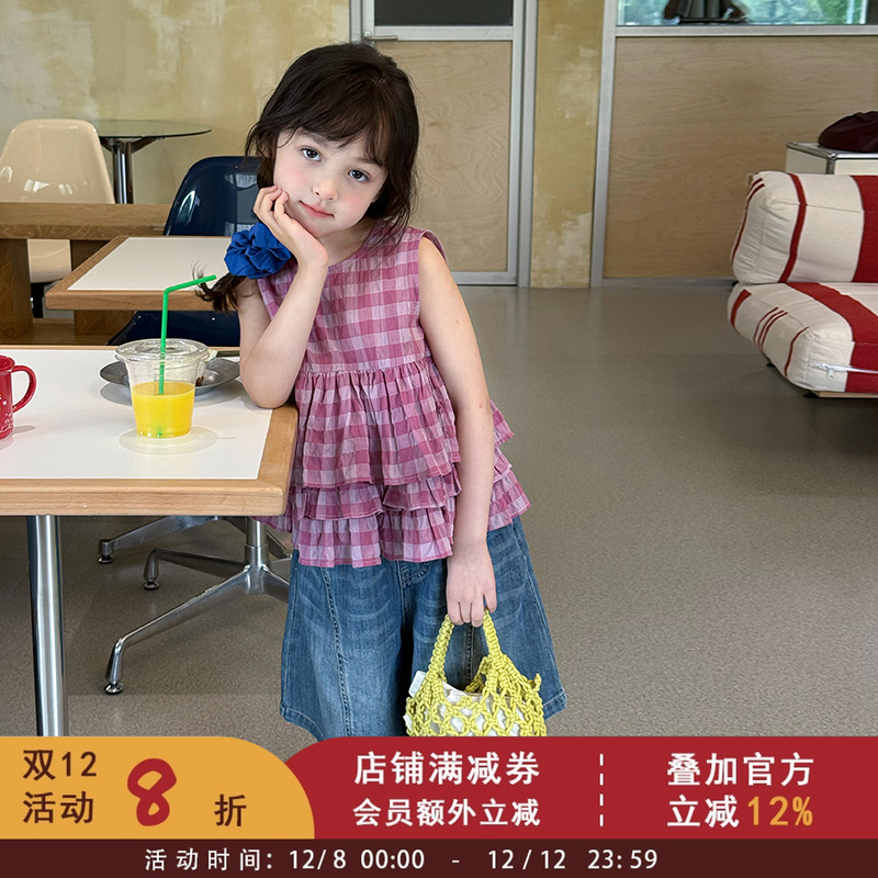 依依妈儿童韩版皱感格子背心娃娃衫女童洋气层次花边无袖拼接上衣