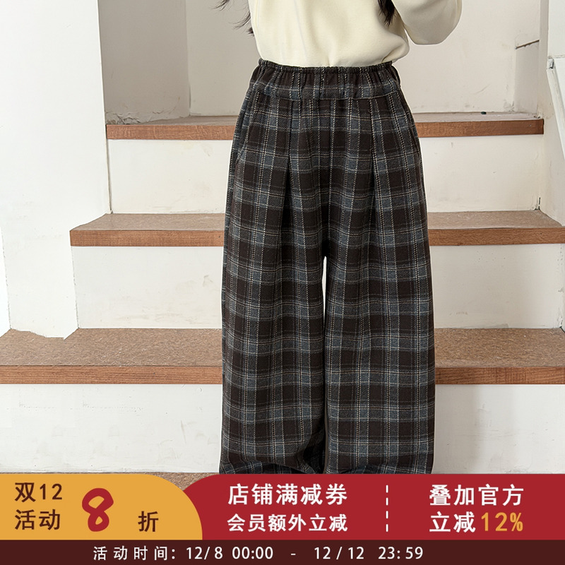 依依妈冬季儿童时髦加厚加绒直筒裤中大女童保暖裤宝宝休闲格子裤