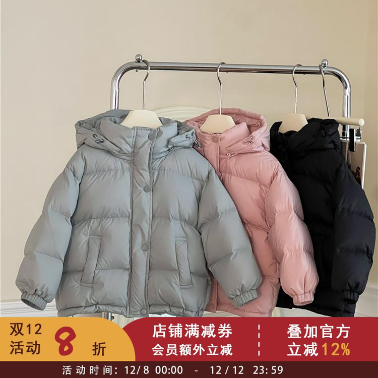 韩国童装女童白鸭绒纯色连帽羽绒服儿童加厚保暖面包服宝宝外套冬