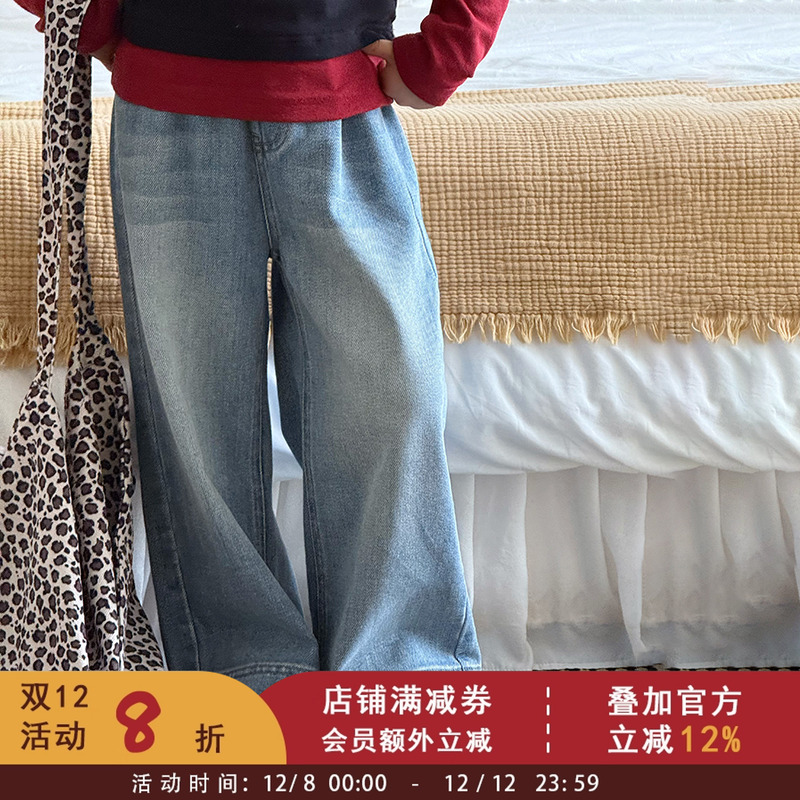 依依妈秋装女童磨白做旧复古牛仔裤儿童时髦炸街百搭毛须边休闲裤