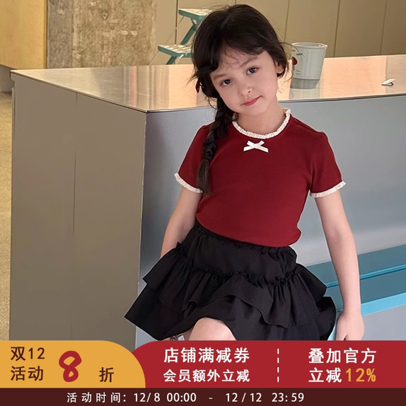 依依妈儿童洋气蕾丝花边短袖上衣女童甜美立体蝴蝶结韩版正肩T恤