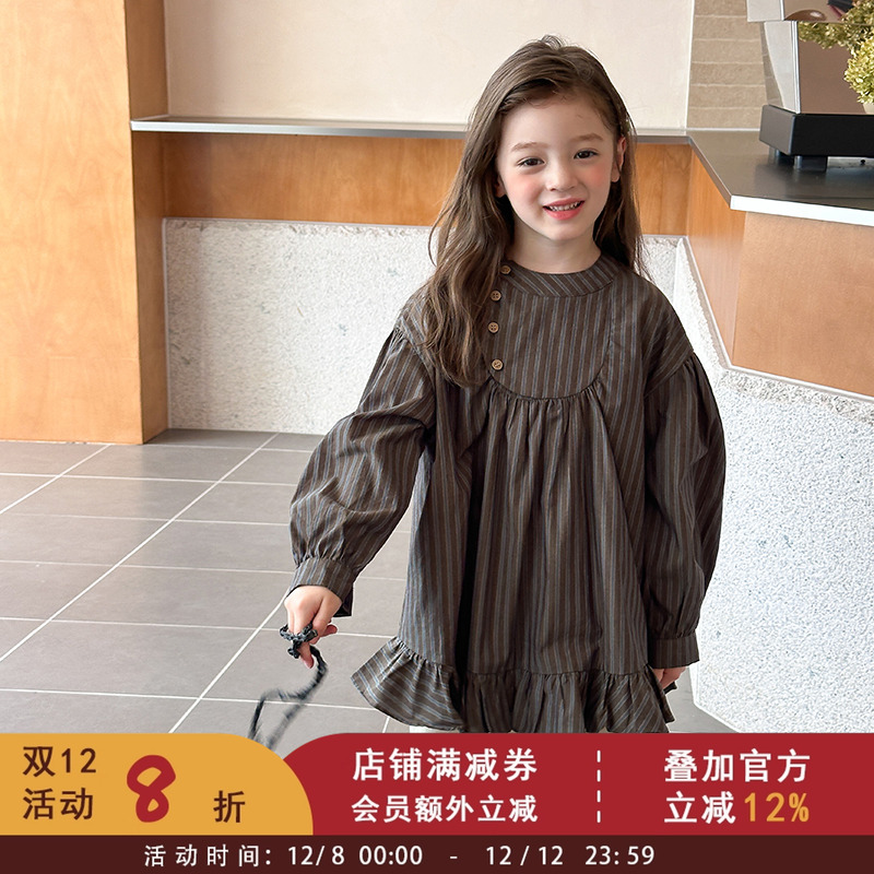 依依妈女童秋装荷叶边条纹衬衫上衣2025秋季儿童时髦洋气娃娃衫潮