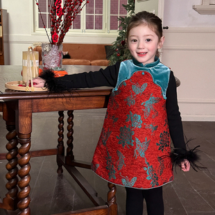 儿童新中式连衣裙拼色盘扣旗袍裙夹棉加厚唐装女童新年战袍拜年服