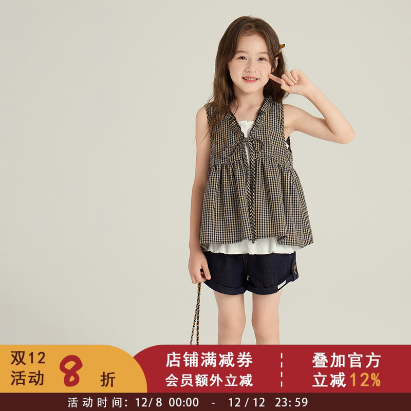 中大女童韩系叠穿两件套上衣宝宝夏季花边吊带+儿童撞色格纹背心