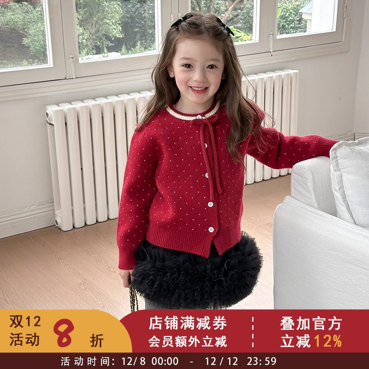 依依妈冬季女童甜美波点蝴蝶结绵羊绒针织开衫儿童保暖毛衣外套潮